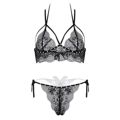 Đồ Lót Nữ Ren Xuyên Thấu Đính Hạt Đáng Yêu Quyến Rũ Set Nội Y Lingerie Cột Dây Gợi Cảm Ngọt Ngào - T368 Đen