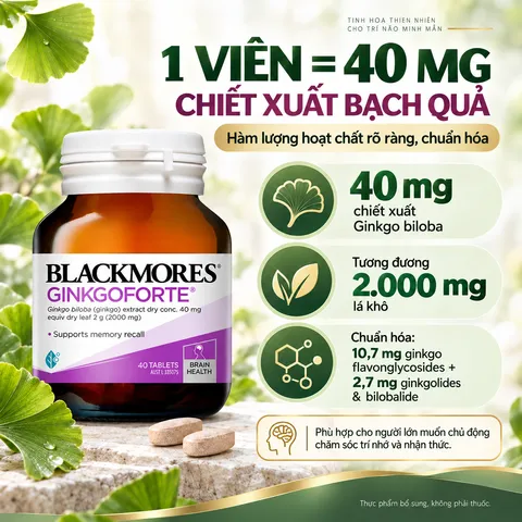Viên uống Blackmores Ginkgoforte chiết xuất bạch quả hỗ trợ trí nhớ - Lọ 40 viên