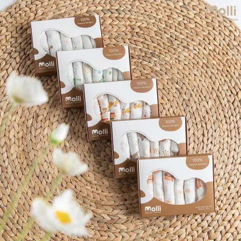 Hộp 6 khăn sữa sợi tre Premium bamboo Molli Kích thước 30x30cm mềm mịn, an toàn cho bé