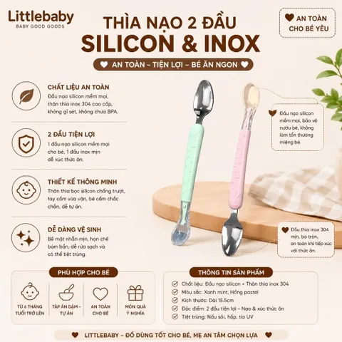 Thìa nạo 2 đầu hoa quả silicon và inox cho bé ăn dặm kèm hộp đựng