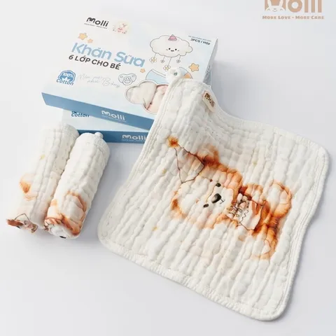 Khăn sữa 6 lớp Molli cho bé - Hộp 3 khăn sữa mềm mịn, an toàn và thấm hút tốt