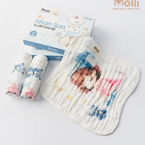Khăn sữa 6 lớp Molli cho bé - Hộp 3 khăn sữa mềm mịn, an toàn và thấm hút tốt