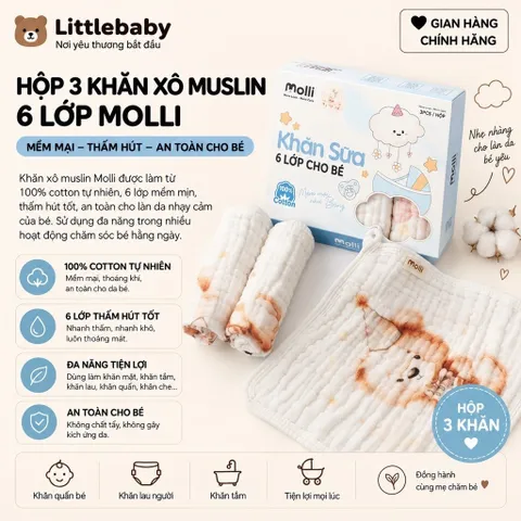 Khăn sữa 6 lớp Molli cho bé - Hộp 3 khăn sữa mềm mịn, an toàn và thấm hút tốt
