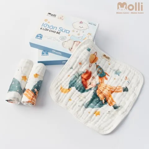 Khăn sữa 6 lớp Molli cho bé - Hộp 3 khăn sữa mềm mịn, an toàn và thấm hút tốt