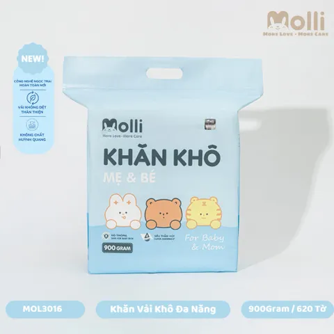 Khăn vải khô Molli 900gr cho bé sơ sinh mềm mịn, dai, dùng khô hoặc ướt
