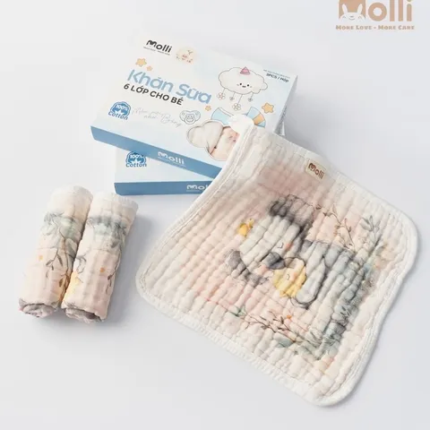 Khăn sữa 6 lớp Molli cho bé - Hộp 3 khăn sữa mềm mịn, an toàn và thấm hút tốt