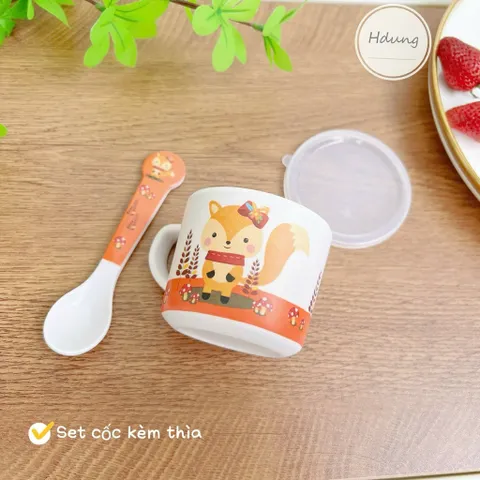 Set cốc có nắp kèm thìa sợi tre hình thú dễ thương cho bé