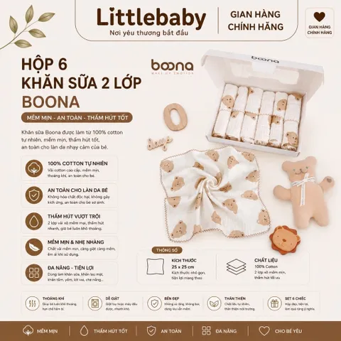 Khăn sữa Muslin Boona - Hộp 6 khăn xô sữa muslin 2 lớp cao cấp mềm mịn cho làn da bé