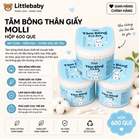 Tăm bông thân giấy trẻ em Molli 600PCS/Hộp - An toàn, mềm mịn, lành tính cho bé yêu