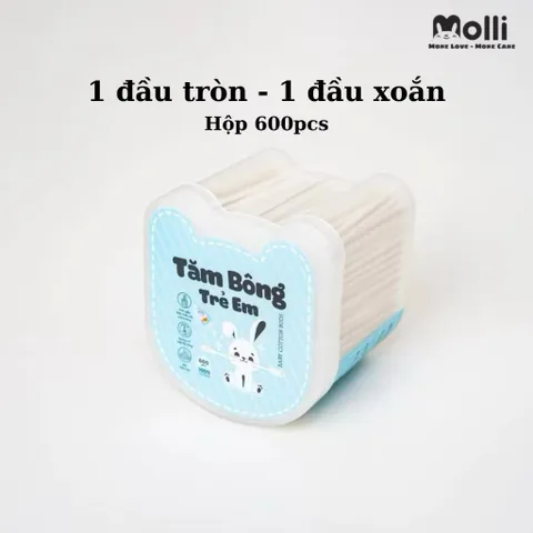 Tăm bông thân giấy trẻ em Molli 600PCS/Hộp - An toàn, mềm mịn, lành tính cho bé yêu