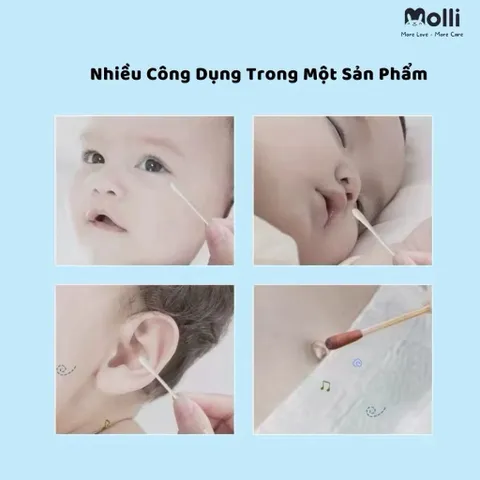 Tăm bông thân giấy trẻ em Molli 600PCS/Hộp - An toàn, mềm mịn, lành tính cho bé yêu