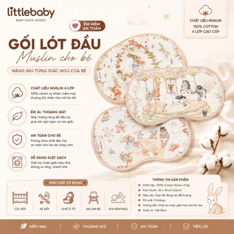 Gối lót đầu vải xô Muslin hoạ tiết hoạt hình cực xinh cho bé