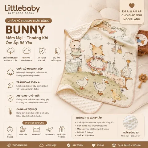 Chăn xô muslin trần bông BUNNY hoạ tiết cổ tích cho bé yêu KT 100*110cm