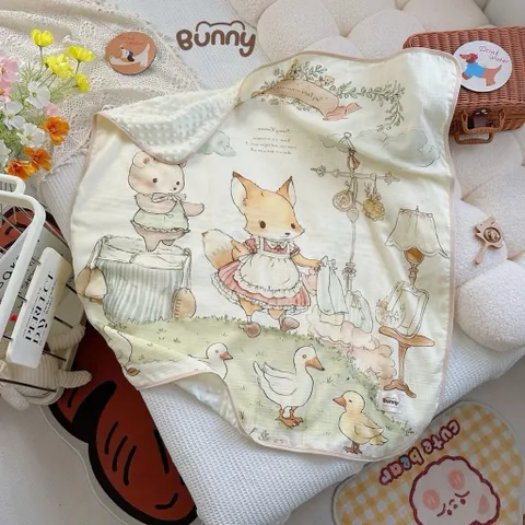 Chăn xô muslin trần bông BUNNY hoạ tiết cổ tích cho bé yêu KT 100*110cm