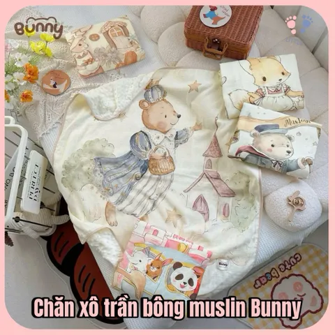 Chăn xô muslin trần bông BUNNY hoạ tiết cổ tích cho bé yêu KT 100*110cm