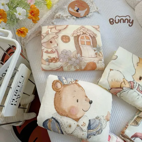 Chăn xô muslin trần bông BUNNY hoạ tiết cổ tích cho bé yêu KT 100*110cm
