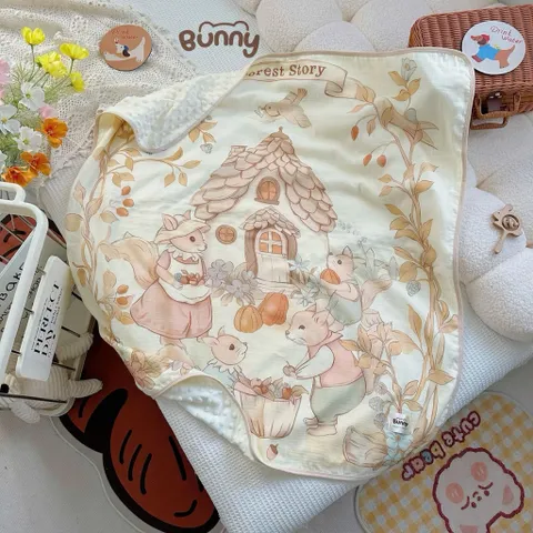 Chăn xô muslin trần bông BUNNY hoạ tiết cổ tích cho bé yêu KT 100*110cm