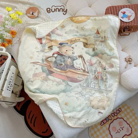 Chăn xô muslin trần bông BUNNY hoạ tiết cổ tích cho bé yêu KT 100*110cm