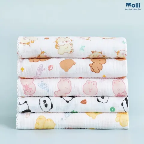 Khăn Xô Muslin Đa Năng Molli 2 Lớp Kích Thước 100x100cm hoạ tiết dễ thương cho bé