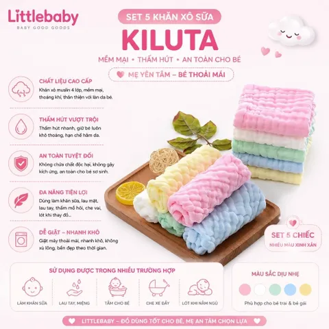 XẢ KHO Set 5 khăn mặt màu Kiluta - Chất liệu mềm mại - An toàn sử dụng cho bé - Khăn đa năng, vừa làm khăn vừa làm yếm