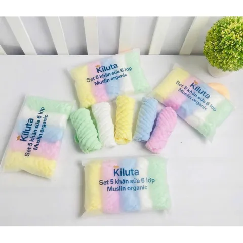 XẢ KHO Set 5 khăn mặt màu Kiluta - Chất liệu mềm mại - An toàn sử dụng cho bé - Khăn đa năng, vừa làm khăn vừa làm yếm