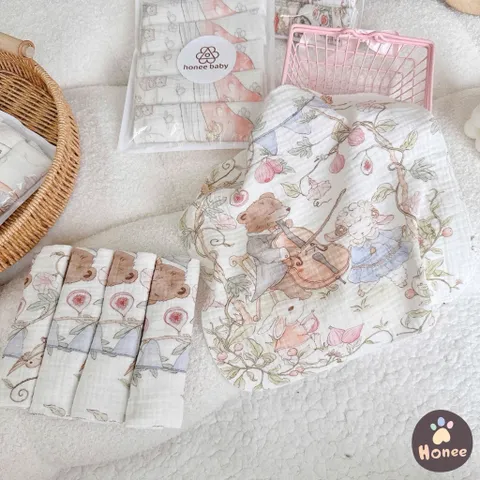 Khăn Xô Muslin Honee Baby Hoạ Tiết Cổ Tích 2 Lớp Cho Bé – Khăn Sữa Cho Trẻ Sơ Sinh Mềm Mịn, Thấm Hút Tốt, An Toàn