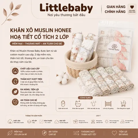 Khăn Xô Muslin Honee Baby Hoạ Tiết Cổ Tích 2 Lớp Cho Bé – Khăn Sữa Cho Trẻ Sơ Sinh Mềm Mịn, Thấm Hút Tốt, An Toàn