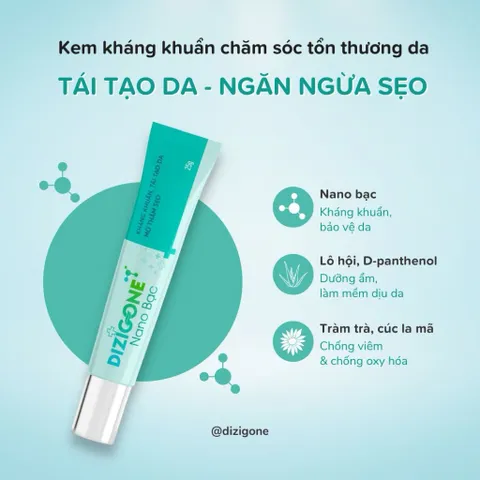 Kem DIZIGONE Nano Bạc - Kem kháng khuẩn, lành thương, tái tạo da, ngăn ngừa sẹo 25g
