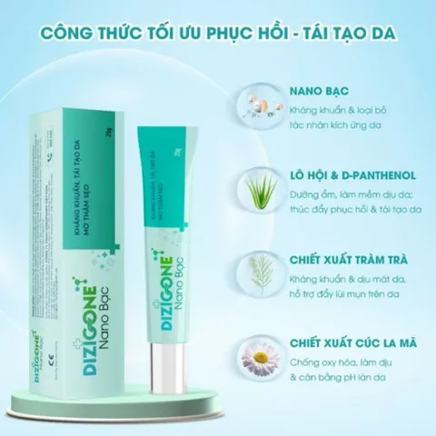 Kem DIZIGONE Nano Bạc - Kem kháng khuẩn, lành thương, tái tạo da, ngăn ngừa sẹo 25g