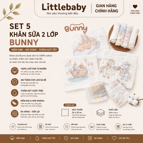 Set Khăn Sữa Cotton Cho Bé Bunny 5 Chiếc – Khăn Xô Mềm Mịn, Thấm Hút Tốt Cho Trẻ Sơ Sinh