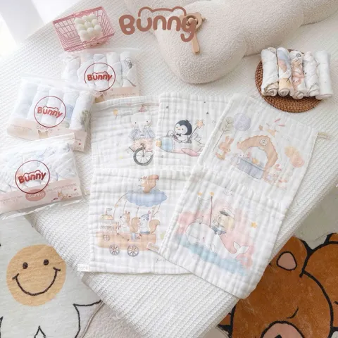 Set Khăn Sữa Cotton Cho Bé Bunny 5 Chiếc – Khăn Xô Mềm Mịn, Thấm Hút Tốt Cho Trẻ Sơ Sinh