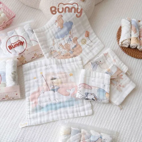 Set Khăn Sữa Cotton Cho Bé Bunny 5 Chiếc – Khăn Xô Mềm Mịn, Thấm Hút Tốt Cho Trẻ Sơ Sinh