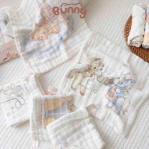 Set Khăn Sữa Cotton Cho Bé Bunny 5 Chiếc – Khăn Xô Mềm Mịn, Thấm Hút Tốt Cho Trẻ Sơ Sinh