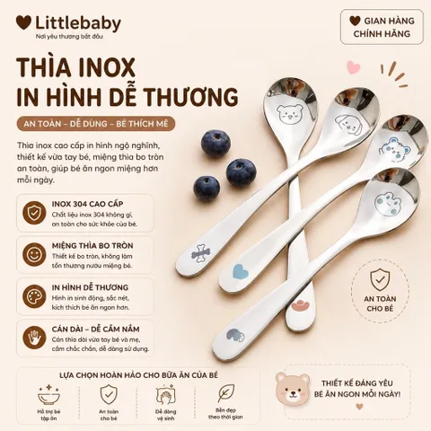 Thìa Inox cho bé in hình tim dễ thương, chuôi dài an toàn cạnh mịn dễ vệ sinh kt/15,5cm