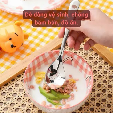 Thìa Inox cho bé in hình tim dễ thương, chuôi dài an toàn cạnh mịn dễ vệ sinh kt/15,5cm