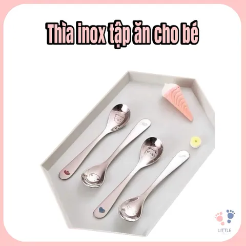 Thìa Inox cho bé in hình tim dễ thương, chuôi dài an toàn cạnh mịn dễ vệ sinh kt/15,5cm