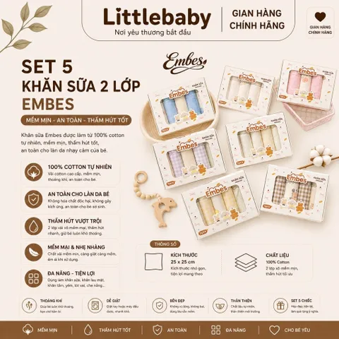 Set 5 khăn sữa 2 lớp Embes hoạ tiết mix xinh xắn, ngộ nghĩnh, an toàn cho bé