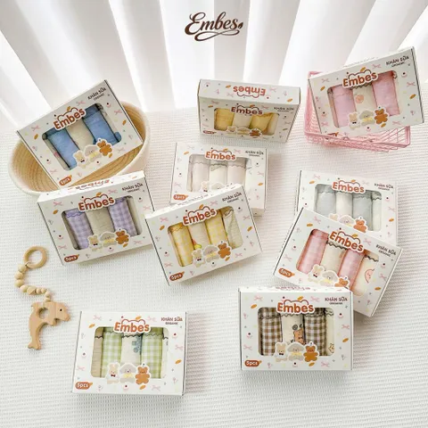 Set 5 khăn sữa 2 lớp Embes hoạ tiết mix xinh xắn, ngộ nghĩnh, an toàn cho bé
