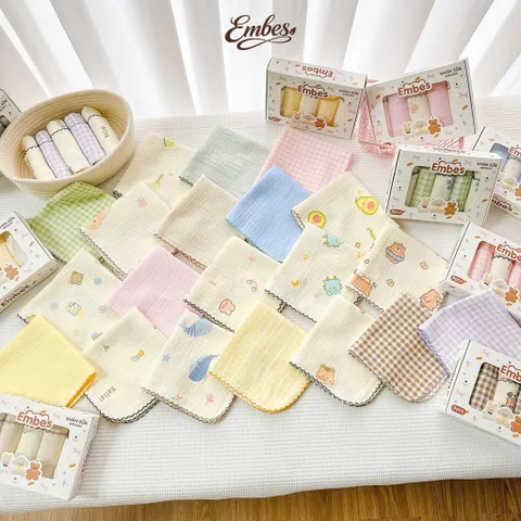 Set 5 khăn sữa 2 lớp Embes hoạ tiết mix xinh xắn, ngộ nghĩnh, an toàn cho bé