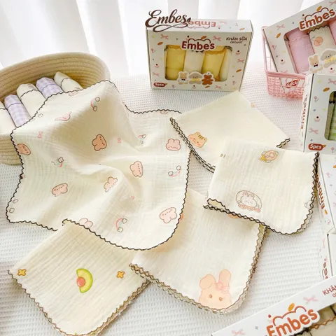 Set 5 khăn sữa 2 lớp Embes hoạ tiết mix xinh xắn, ngộ nghĩnh, an toàn cho bé