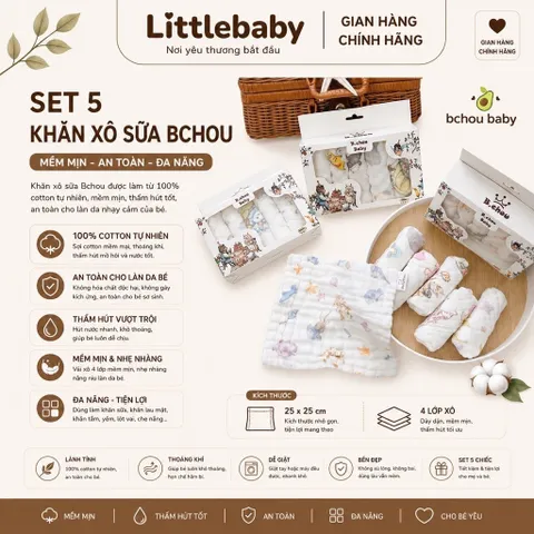 Set 5 khăn sữa Muslin B.chou hoạ tiết cổ tích - Mềm Mịn, Thấm Hút Tốt, An Toàn Cho Bé