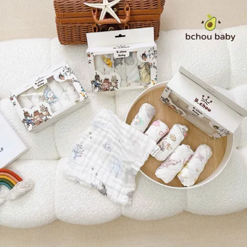 Set 5 khăn sữa Muslin B.chou hoạ tiết cổ tích - Mềm Mịn, Thấm Hút Tốt, An Toàn Cho Bé