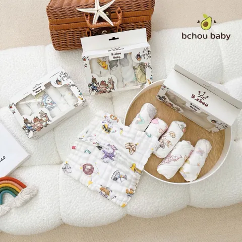 Set 5 khăn sữa Muslin B.chou hoạ tiết cổ tích - Mềm Mịn, Thấm Hút Tốt, An Toàn Cho Bé