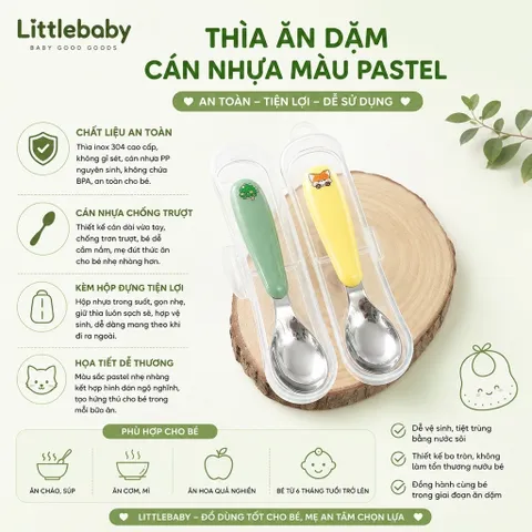 Bộ thìa inox cán nhựa pastel hình thú xinh xắn, cầm chắc tay dễ vệ sinh