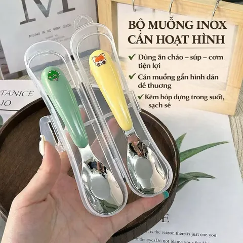 Bộ thìa inox cán nhựa pastel hình thú xinh xắn, cầm chắc tay dễ vệ sinh