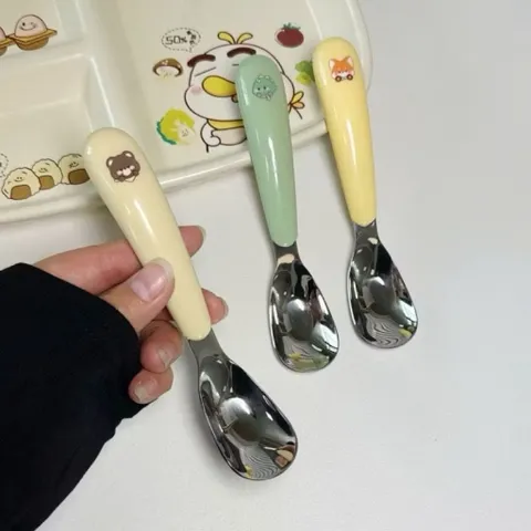 Bộ thìa inox cán nhựa pastel hình thú xinh xắn, cầm chắc tay dễ vệ sinh