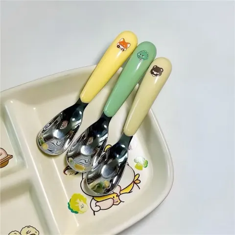 Bộ thìa inox cán nhựa pastel hình thú xinh xắn, cầm chắc tay dễ vệ sinh