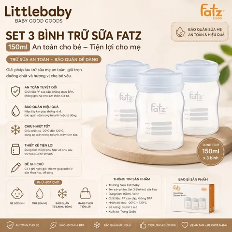 Set 3 Bình Trữ Sữa Mẹ 150ml Fatz Baby – Bình Trữ Sữa Có Nắp, Nhựa An Toàn, Bảo Quản Sữa Cho Bé