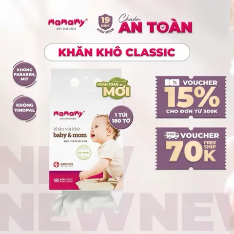 Khăn Vải Khô Mamamy Baby & Mom 180 Miếng – Khăn Khô Đa Năng Cho Bé Sơ Sinh, Lau Mặt Lau Miệng ( DẠNG RÚT )