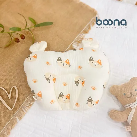 Gối Chống Méo Đầu Cho Bé – Gối Sơ Sinh Cotton Mềm Thoáng Khí, Thiết Kế Tai Gấu Dễ Thương